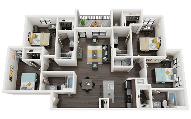Modern 3D floor plan featuring 3 spacious bedrooms, open living and dining area, sleek kitchen, and multiple bathrooms.