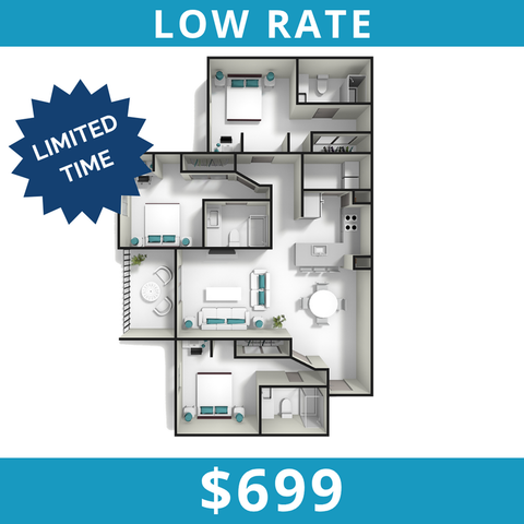 Attractive floor plan features 2 bedrooms, a modern kitchen, a spacious living area, and a private balcony at an unbeatable low rate of $699. Limited time offer!
