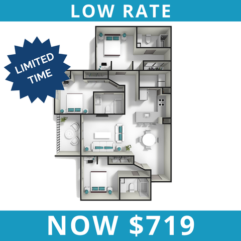 Elegant 2D floor plan highlighting 3 spacious bedrooms, modern kitchen, and open living area, now available for $719. Limited time offer with low rate.