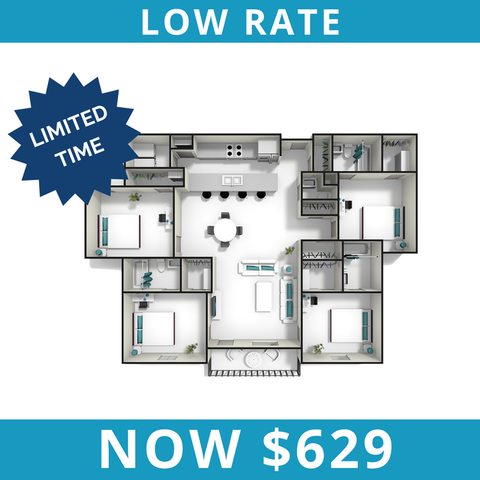 Modern floor plan with 3 bedrooms, a central living area, and gourmet kitchen available for a limited time at $629.