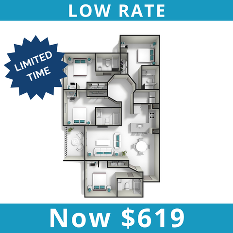 Economical 3-bedroom apartment floor plan offering spacious living room, modern kitchen, and multiple bathrooms at an unbeatable low rate of $619.