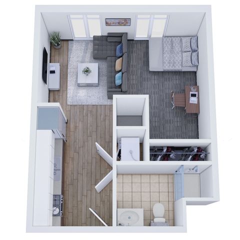 Modern 1-bedroom apartment floor plan featuring open living area with cozy lounge, stylish kitchen, and elegant bathroom.