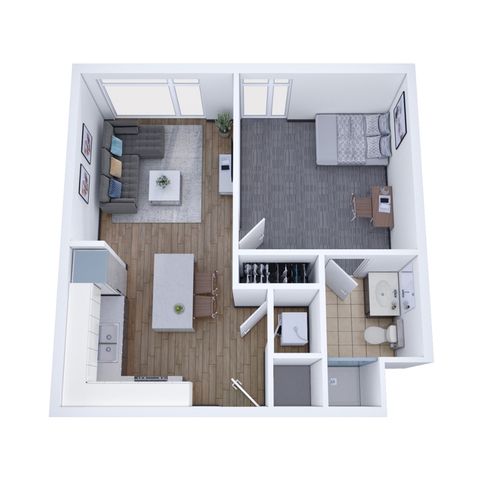 Modern 3D floor plan showcasing a cozy 1-bedroom apartment with an open-concept living and kitchen area, inviting natural light with large windows, and a contemporary bathroom.