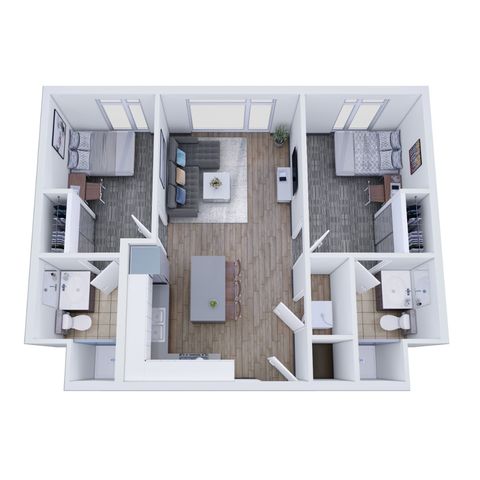 Spacious 3D floor plan showcasing 2 bedrooms, modern living room, and a stylish kitchen with adjacent bathrooms.