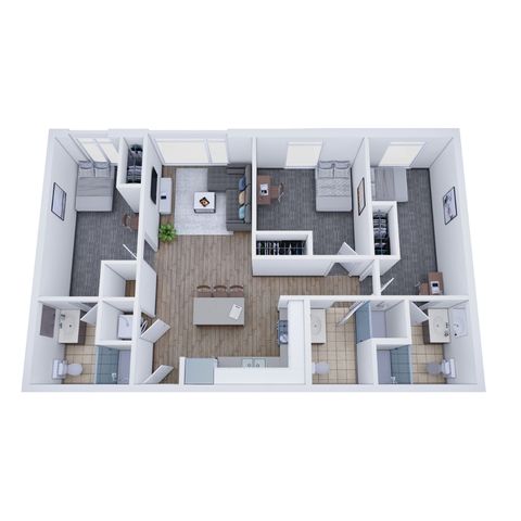 Modern 3D floor plan showcasing 3 bedrooms, open living area, and sleek kitchen design with two bathrooms.