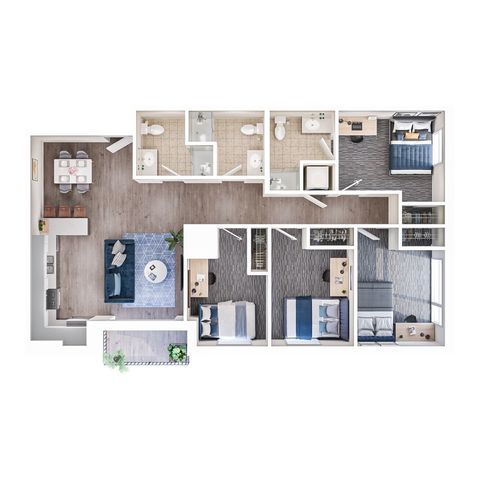 Modern 3-bedroom apartment floor plan featuring open-concept living and dining room, well-appointed kitchen, and stylish bathrooms.