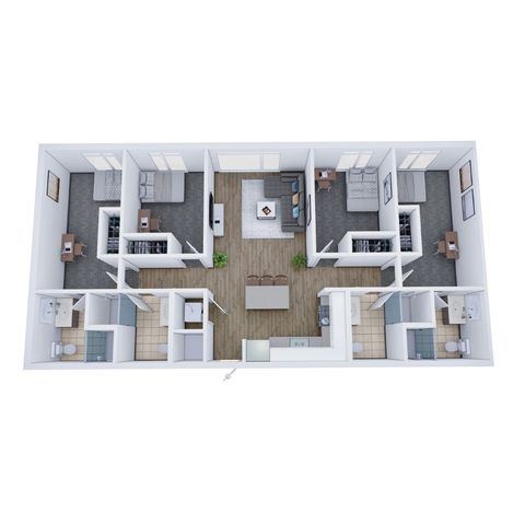 Modern 3D floor plan featuring 3 spacious bedrooms, a stylish open living area, and a contemporary kitchen, ideal for comfortable living.
