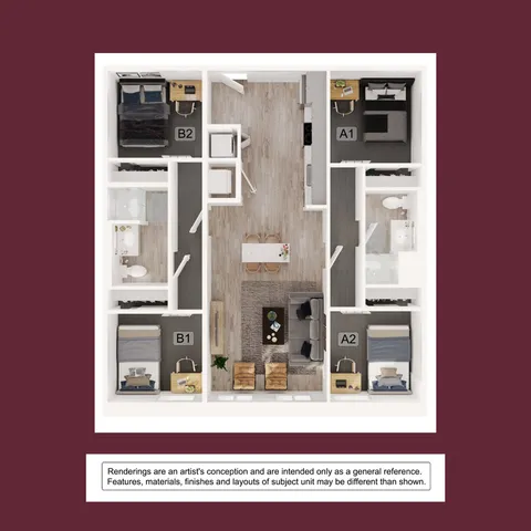 Contemporary 3-bedroom apartment floor plan featuring a spacious open living area, modern kitchen with island, and two elegant bathrooms.