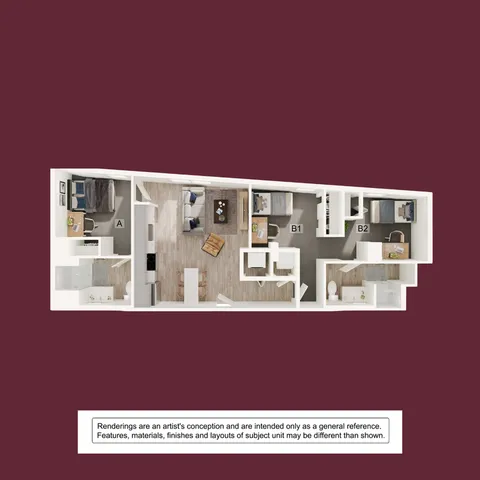 Chic 3D floor plan showcasing 3 bedrooms, a modern kitchen, and a cozy living area.