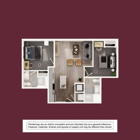 Elegant 2D floor plan showcasing a modern apartment with two bedrooms, an open-concept living room, sleek kitchen, and two stylish bathrooms.
