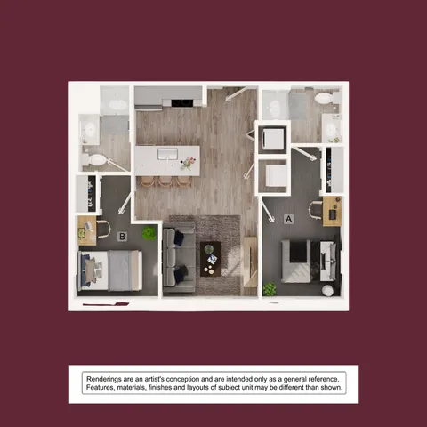 Chic 2-bedroom apartment floor plan with an open-concept kitchen and cozy living area, ideal for modern living.