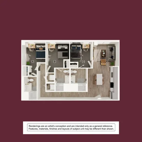 Chic 3-bedroom floor plan featuring a modern open kitchen, airy living space, and elegant bathrooms.