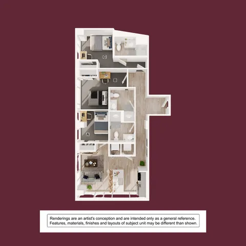 Modern 3-bedroom apartment floor plan with spacious living area, open kitchen, and two stylish bathrooms, perfect for comfortable living.