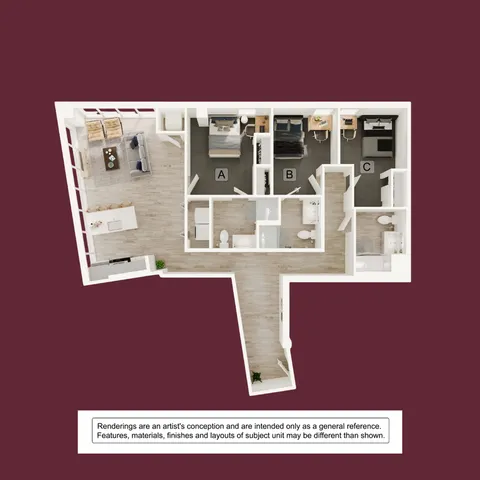 Modern apartment floor plan showcasing a spacious open-concept living area, three stylish bedrooms labeled A, B, and C, and two contemporary bathrooms with sleek finishes.