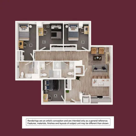 Elegant 3D floor plan showcasing a modern apartment with 3 bedrooms, a cozy living area, and an inviting kitchen and dining space, perfect for family living.