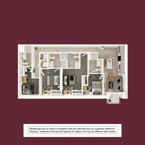 Modern 3D floor plan showcasing four bedrooms, two bathrooms, stylish open kitchen, and cozy living area, ideal for contemporary living.