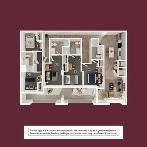 Modern floor plan showcasing a spacious apartment with four bedrooms, stylish living area, and a sleek kitchen. Ideal design for comfort and functionality.