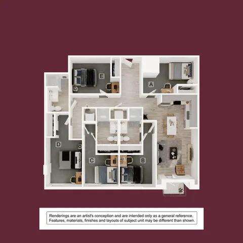 Modern floor plan depicting a spacious apartment with five cozy bedrooms, two elegant bathrooms, and an open living area perfect for entertaining.