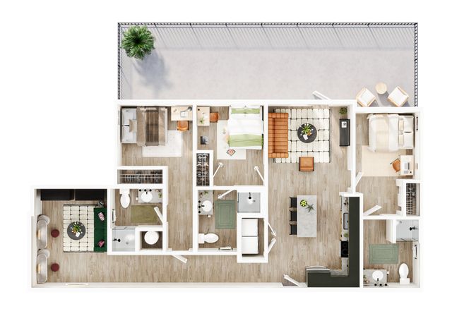 Modern 3-bedroom apartment floor plan with open-concept living area, elegant kitchen island, and spacious balcony.