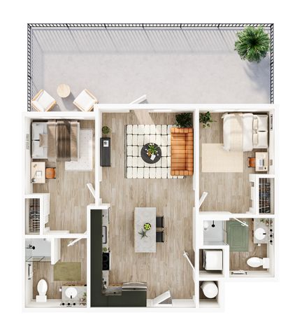 Modern apartment floor plan showcasing 2 bedrooms, stylish open-concept living and dining area, sleek kitchen, and expansive balcony, perfect for urban living.