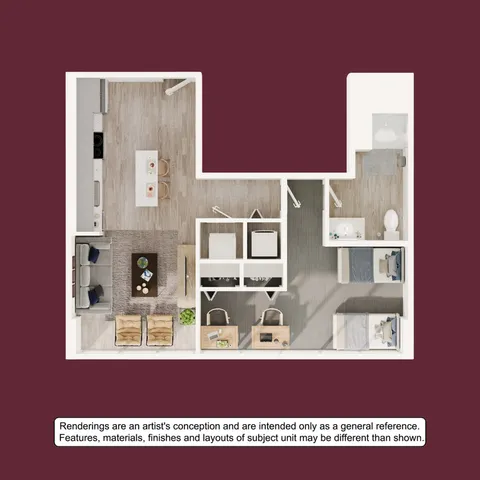 Elegant 2D floor plan featuring a cozy 2-bedroom layout, open-concept living area with kitchen, and modern bathroom design.