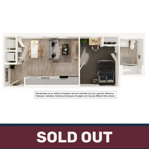 Cozy modern floor plan with 1 bedroom, open living and dining area, and stylish kitchen.
