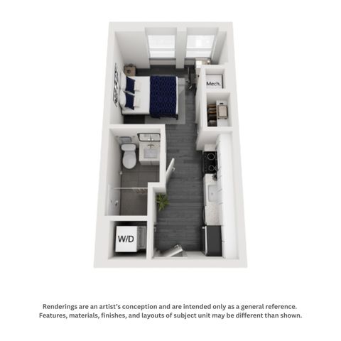 Modern 3D floor plan of a cozy apartment featuring one bedroom, a sleek bathroom, and a compact kitchen with in-unit washer and dryer.
