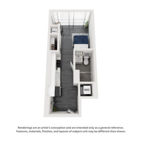 Modern studio apartment floor plan featuring an open layout with a cozy sleeping area, sleek kitchen, and compact bathroom.
