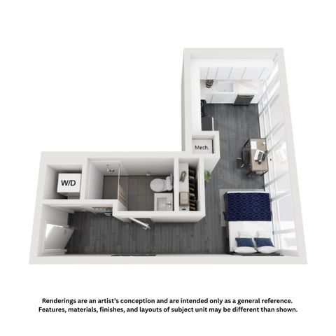Modern L-shaped apartment floor plan featuring a cozy bedroom, sleek kitchen with large windows, and a stylish bathroom with washer and dryer area.