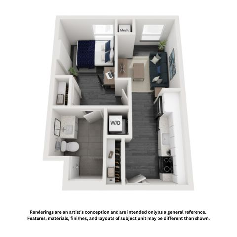 Contemporary 3D floor plan showcasing a cozy 1-bedroom apartment with a stylish living room, modern kitchen, and convenient laundry area.