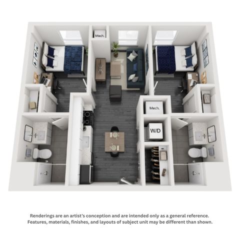 Modern 3D floor plan showcasing a stylish two-bedroom apartment with spacious living area, contemporary kitchen, two bathrooms, and in-unit laundry. Ideal for comfortable living.