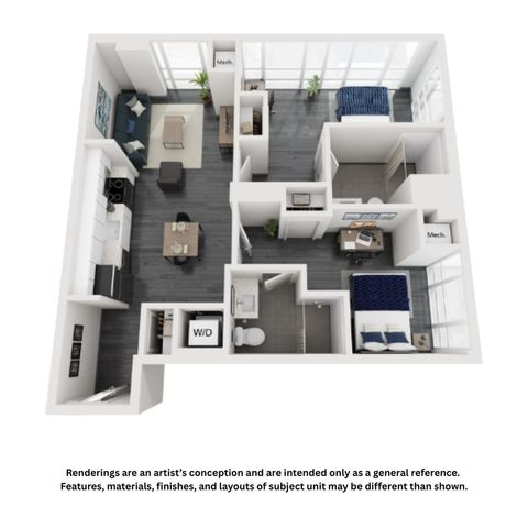 Modern 3D floor plan showcasing 2 bedrooms, a cozy living area, and a chic kitchen with a dining space, enhanced by stylish finishes and large windows.
