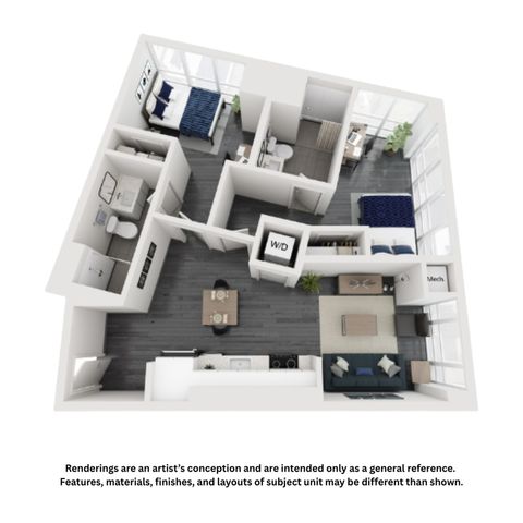 Modern 3D apartment layout with two cozy bedrooms, sleek bathrooms, a stylish open kitchen, and a bright living area with floor-to-ceiling windows.