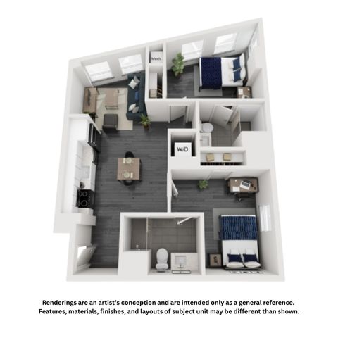 Modern 3D floor plan showcasing a stylish apartment with 2 bedrooms, a cozy living area, a well-equipped kitchen, and a functional office space.