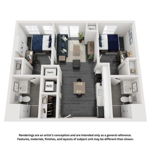 Modern 3D floor plan showcasing 2 bedrooms, cozy living area, functional kitchen, and dual bathrooms with stylish amenities.