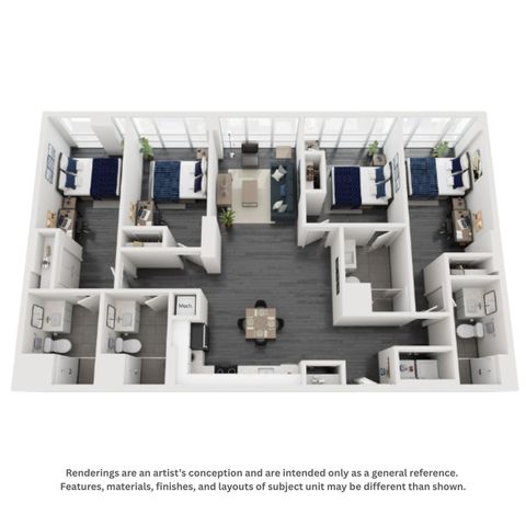 Modern 3D floor plan showcasing 3 cozy bedrooms, an inviting lounge area, and a sleek dining space, enhanced by natural light.