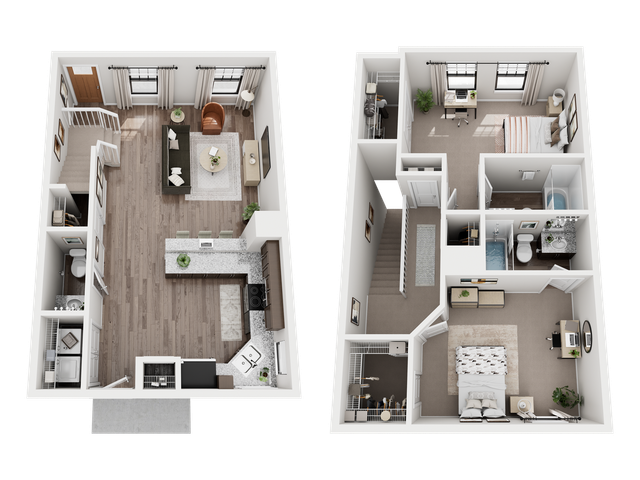 Modern 2-story floor plan featuring a stylish open-concept living area, contemporary kitchen with marble countertops, 2 cozy bedrooms, and 2 chic bathrooms.