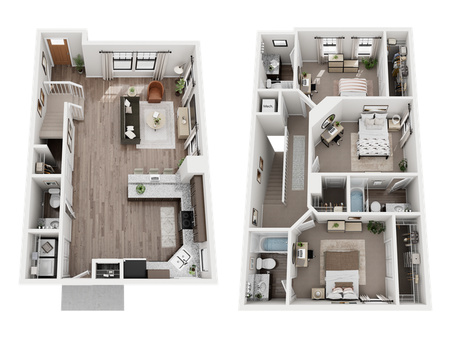 Elegant two-story floor plan featuring spacious living room, modern kitchen, and two well-appointed bedrooms, perfect for comfort and style.