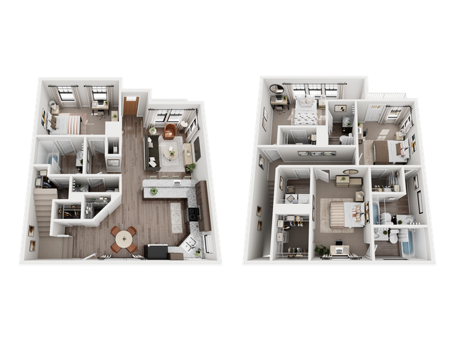 Modern 3D floor plan showcasing two spacious floors, featuring a cozy living area, elegant kitchen, multiple bedrooms, and stylish bathrooms with ample natural light.