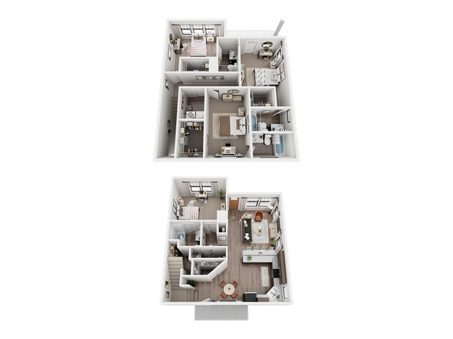 Modern two-level apartment floor plan with 4 bedrooms, sleek open kitchen, and a cozy living area.