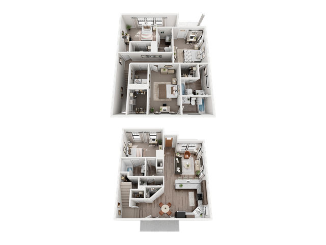 Modern two-story floor plan featuring four bedrooms, four and a half bathrooms, a spacious open-concept living area, and a sleek kitchen with a breakfast bar.