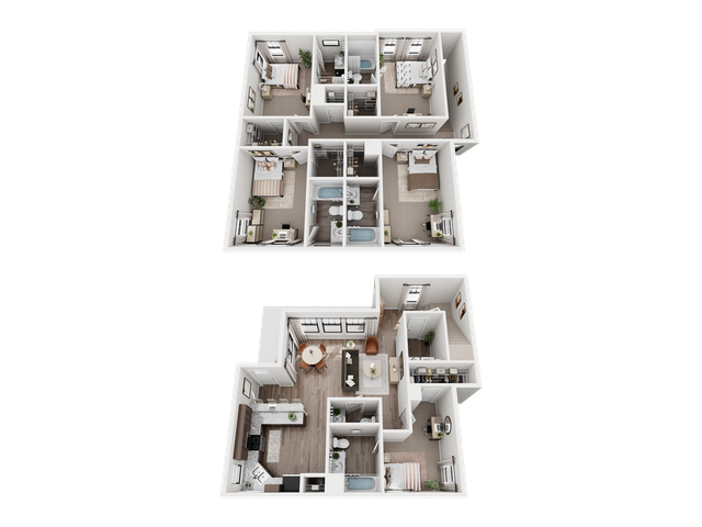 Modern 3D floor plan showcasing a spacious 5-bedroom layout with two levels, featuring an open-concept kitchen and living area, and stylishly designed bathrooms.