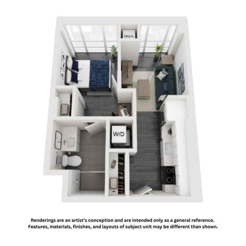 Modern 3D floor plan showcasing a cozy one-bedroom apartment with an open living area, sleek kitchen, and stylish bathroom. Ideal urban living space with convenient in-unit laundry.