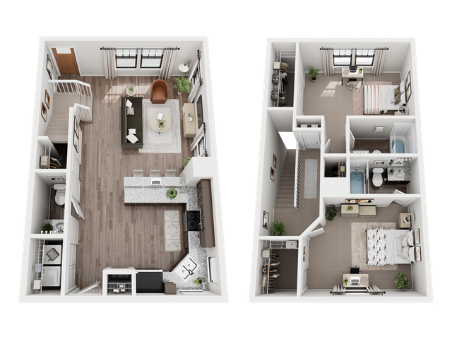 Chic two-story floor plan with open-concept living area, modern kitchen, and cozy bedrooms. Ideal blend of style and functionality.