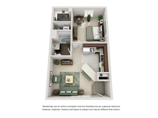 Chic 3D floor plan showcasing modern 1-bedroom apartment with a cozy living room, fully-equipped kitchen, and elegant bathroom.