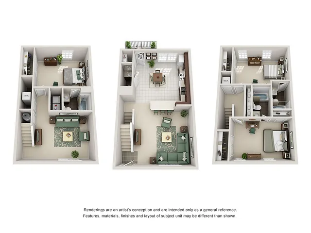 Modern 3D floor plan showcasing a stylish multi-level townhome with spacious living areas, beautiful bedrooms, and contemporary kitchen design.