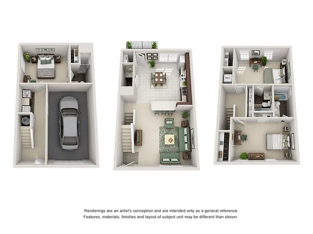 Elegant 3D floor plan with three bedrooms, open-concept kitchen, spacious dining area, cozy living room, and a convenient garage.