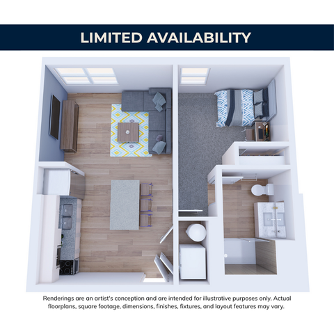 Modern 3D floor plan highlighting a cozy 1-bedroom apartment with open living area, kitchen island, and sleek bathroom.