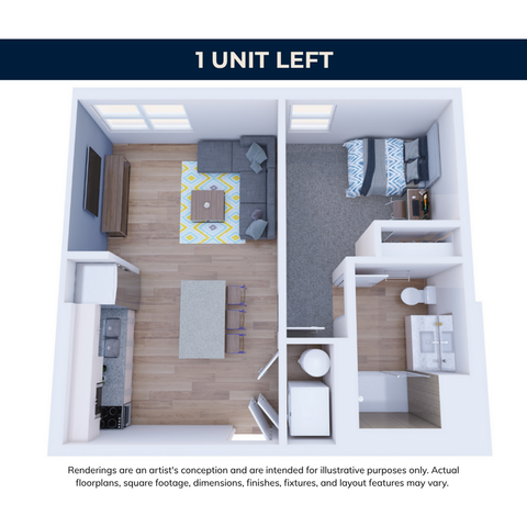 Charming open-plan apartment layout with cozy living room, modern kitchen, and inviting bedroom.