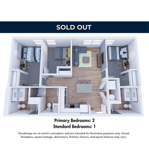 Charming 3D floor plan displaying 2 primary bedrooms and 1 standard bedroom with an airy open living space and modern kitchen, ideal for stylish living.